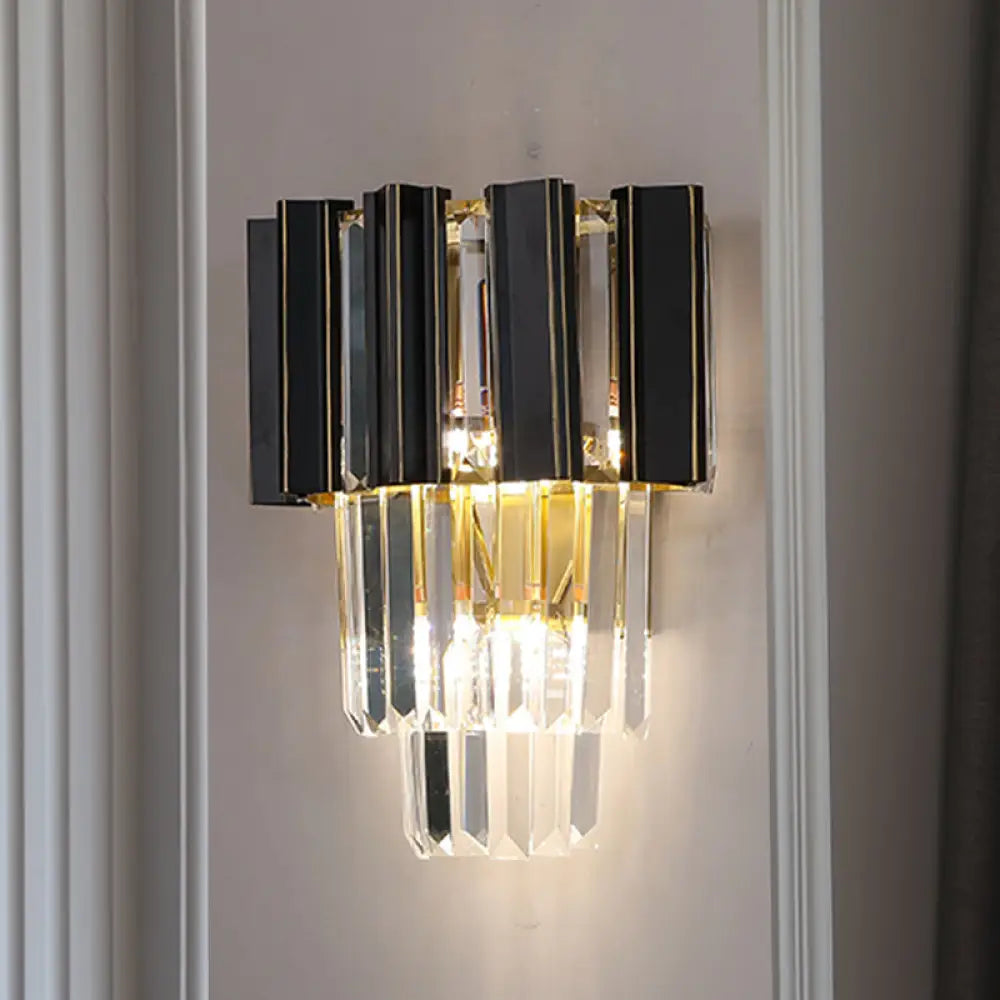 DecorBites™ Contemporary Black Box Wall Lamp with 3 Clear Crystal Prisms & Tapered Bulbs