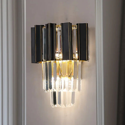 DecorBites™ Contemporary Black Box Wall Lamp with 3 Clear Crystal Prisms & Tapered Bulbs