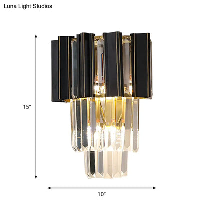 DecorBites™ Contemporary Black Box Wall Lamp with 3 Clear Crystal Prisms & Tapered Bulbs