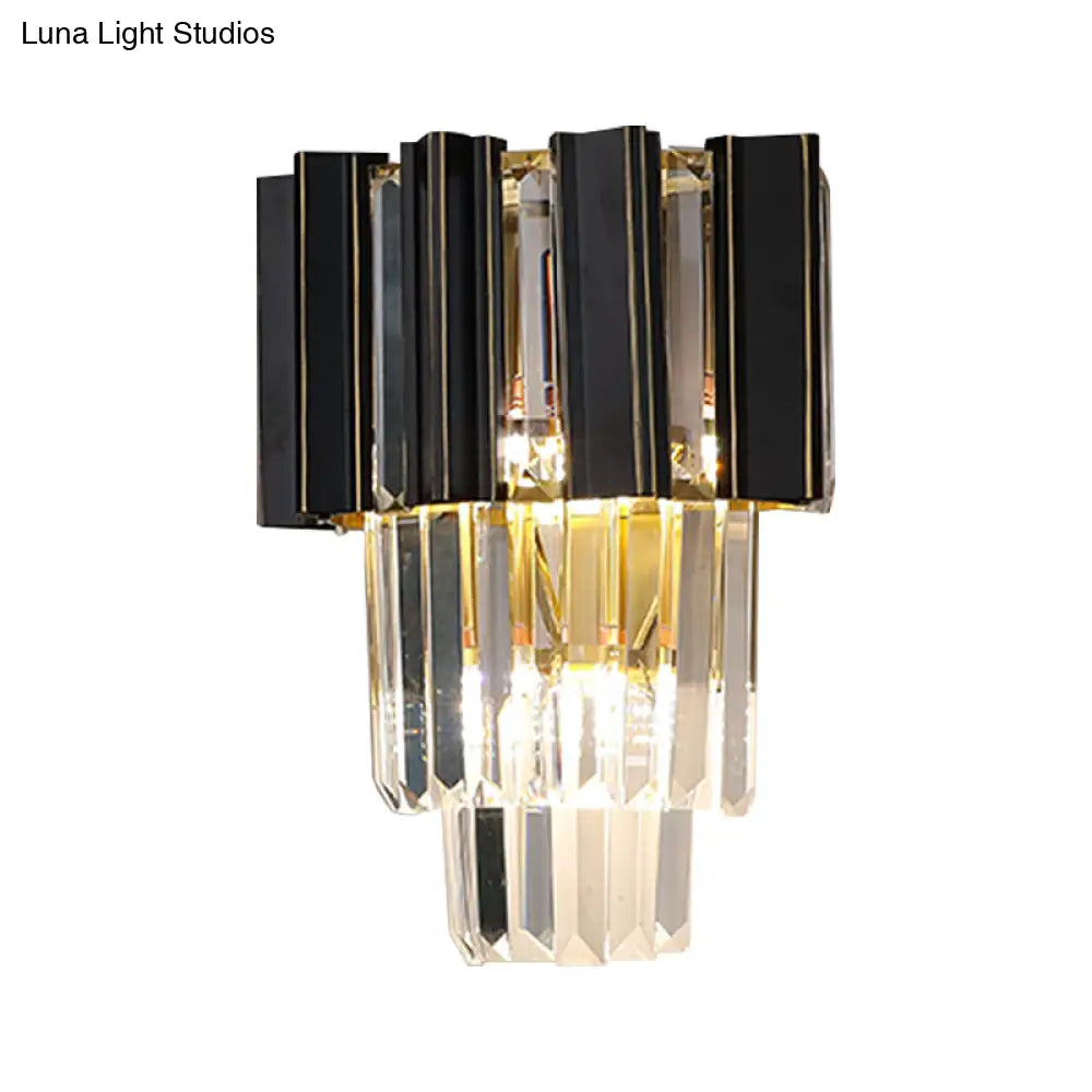 DecorBites™ Contemporary Black Box Wall Lamp with 3 Clear Crystal Prisms & Tapered Bulbs