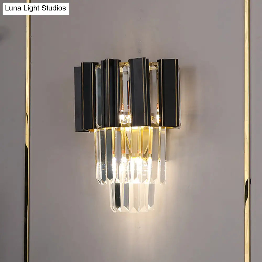 DecorBites™ Contemporary Black Box Wall Lamp with 3 Clear Crystal Prisms & Tapered Bulbs