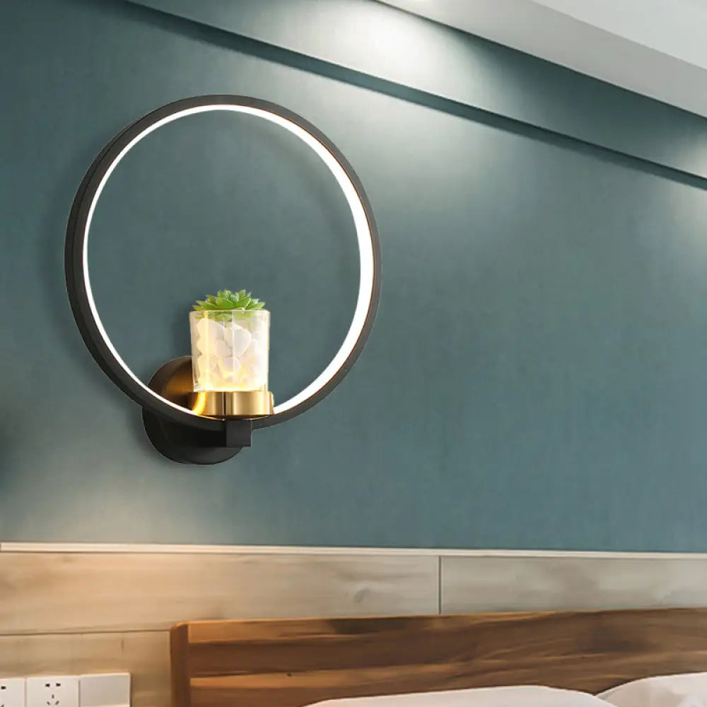 DecorBites™ Contemporary Black Wall Mount Ring Light with LED Warm-Light and Potted Plant Sconce Fixture
