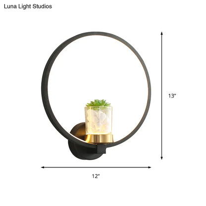 DecorBites™ Contemporary Black Wall Mount Ring Light with LED Warm-Light and Potted Plant Sconce Fixture