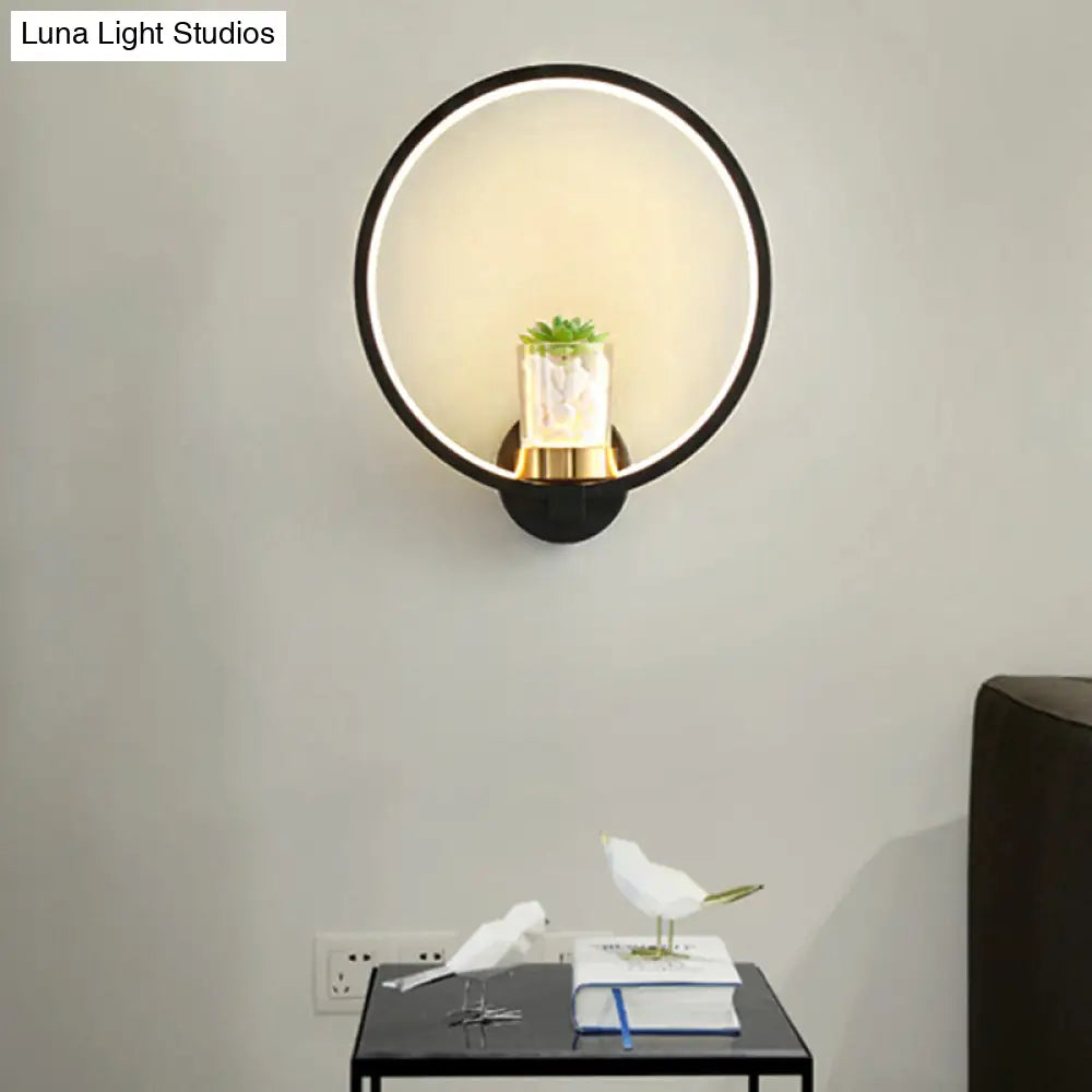 DecorBites™ Contemporary Black Wall Mount Ring Light with LED Warm-Light and Potted Plant Sconce Fixture