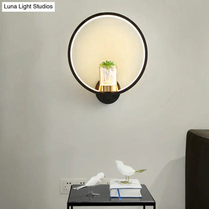 DecorBites™ Contemporary Black Wall Mount Ring Light with LED Warm-Light and Potted Plant Sconce Fixture