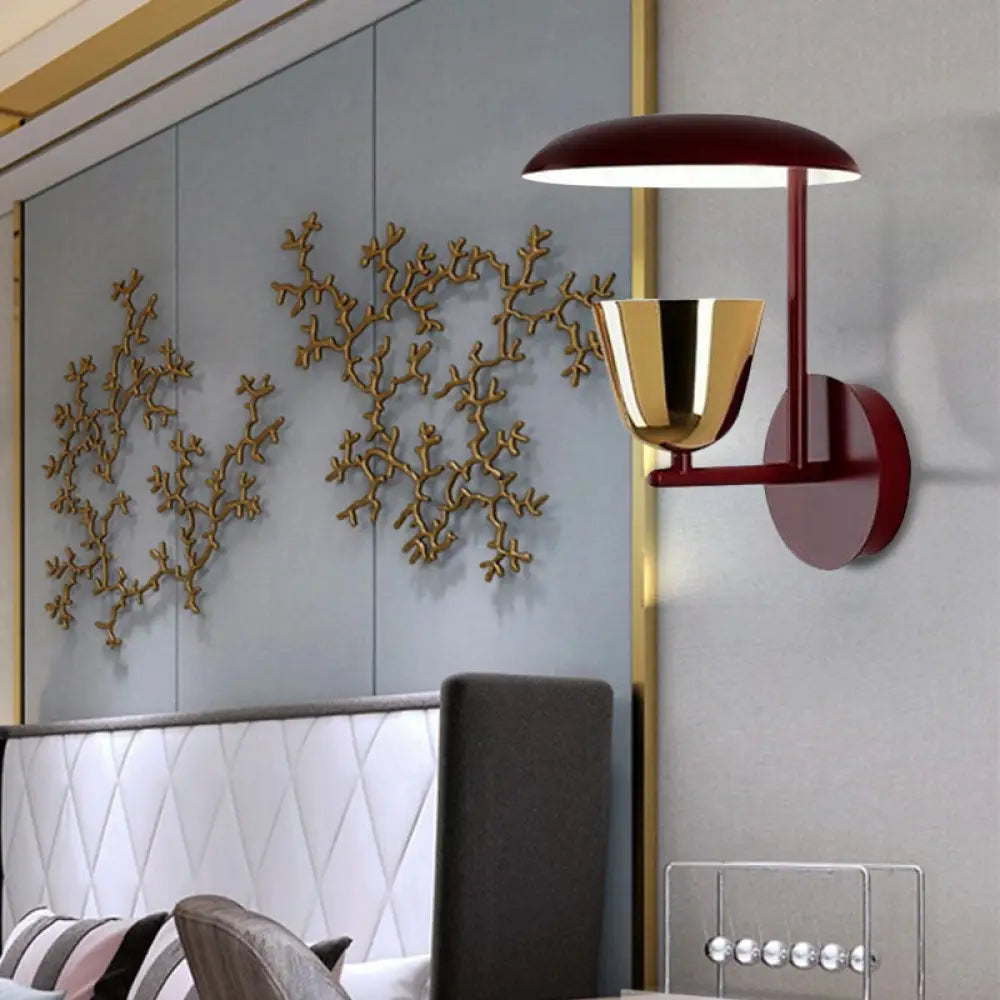 DecorBites™ Contemporary Black Wall Sconce with Metallic Disc Shade and Brass Bowl - Bedroom Light Fixture