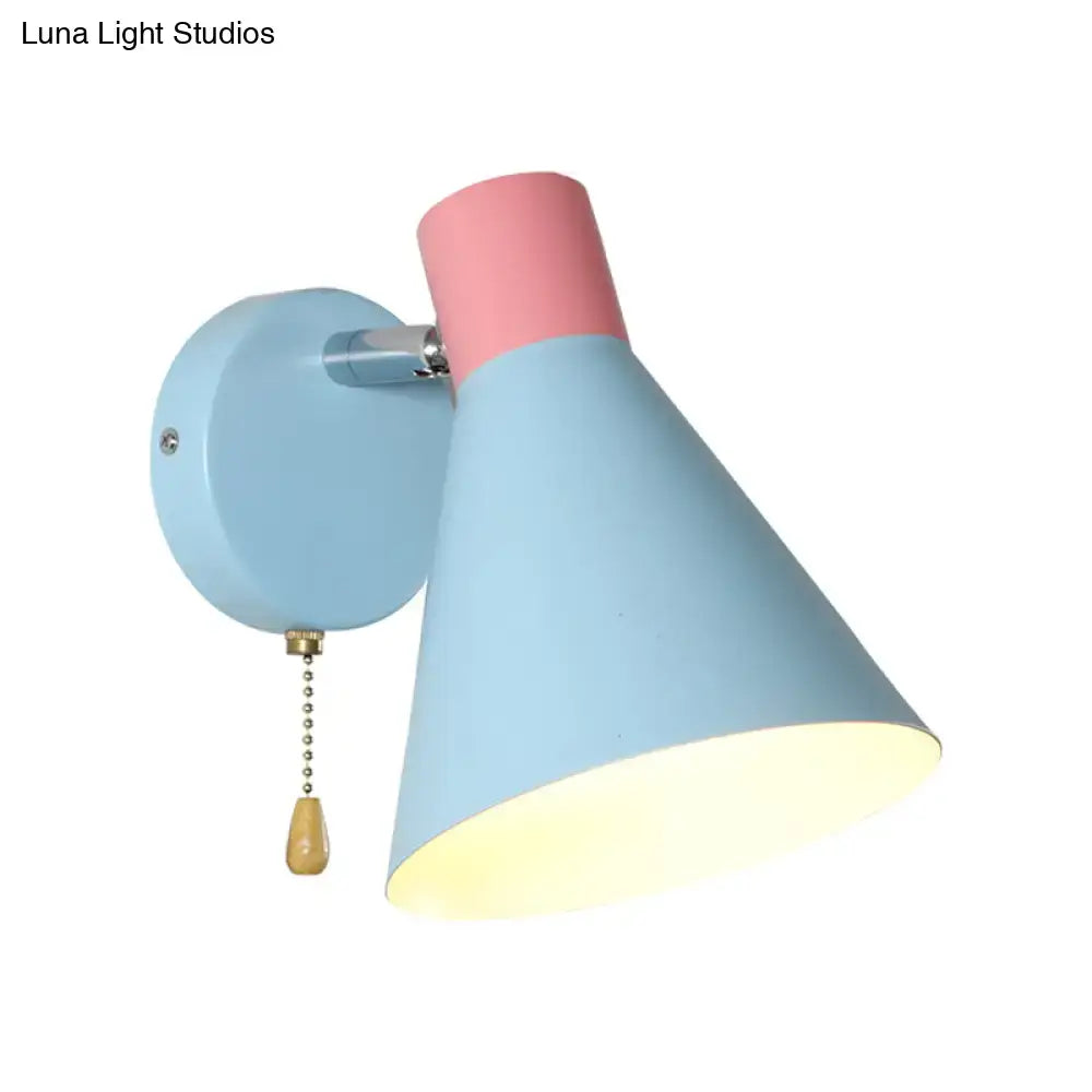 Contemporary blue & pink metal sconce bedroom light with pull chain