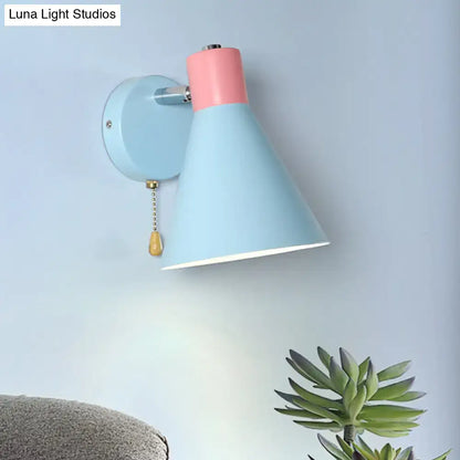 Contemporary blue & pink metal sconce bedroom light with pull chain
