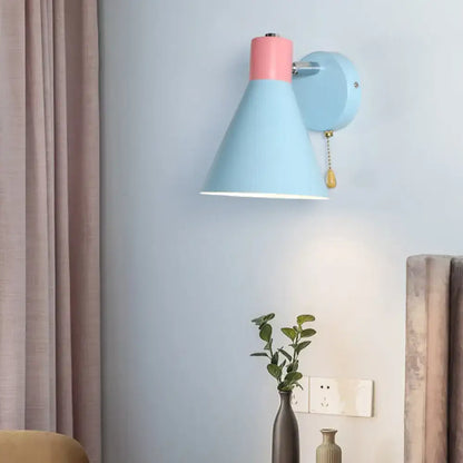 Contemporary blue & pink metal sconce bedroom light with pull chain