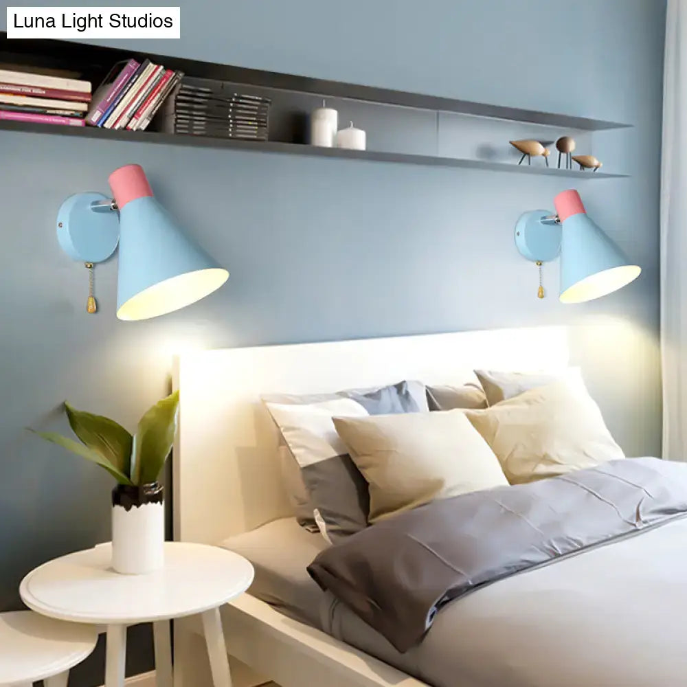 Contemporary blue & pink metal sconce bedroom light with pull chain