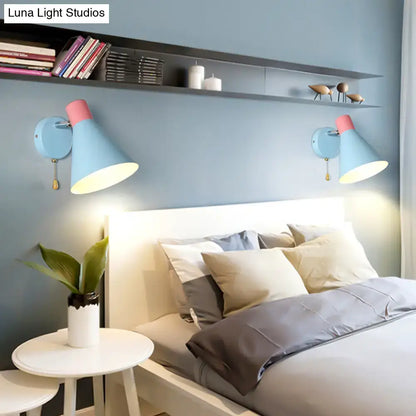 Contemporary blue & pink metal sconce bedroom light with pull chain