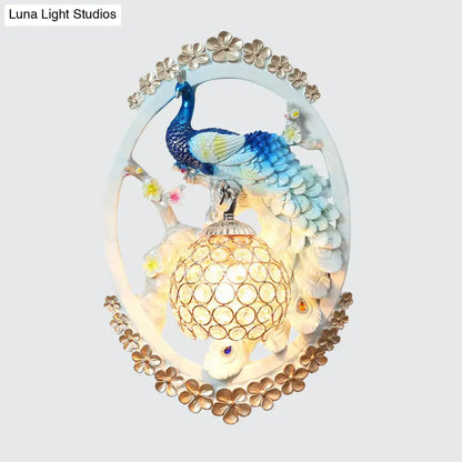 Contemporary blue & white peacock wall sconce crystal ball living room