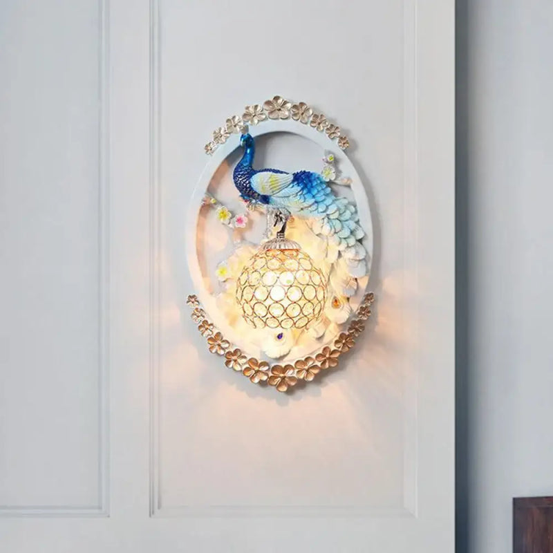 Contemporary blue & white peacock wall sconce crystal ball living room