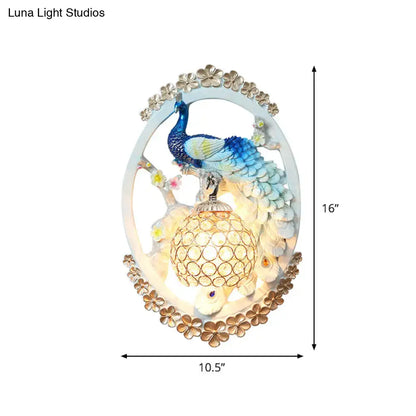 Contemporary blue & white peacock wall sconce crystal ball living room