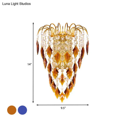Contemporary brass amber & clear crystal wall lamp bedroom light