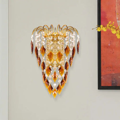 Contemporary brass amber & clear crystal wall lamp bedroom light