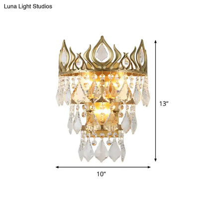 Contemporary brass crown sconce light fixture bedroom crystal drip