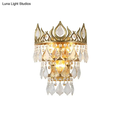 Contemporary brass crown sconce light fixture bedroom crystal drip