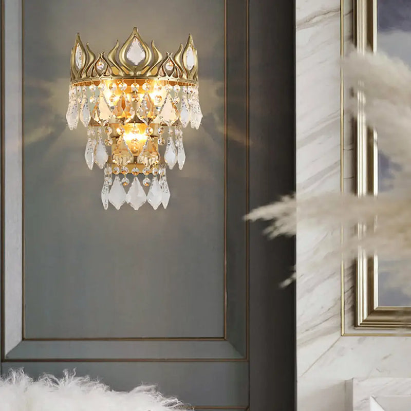 DecorBites™ Contemporary Brass Crystal Drip Wall Lamp - Crown Shape Sconce Light Fixture (3 Bulbs)