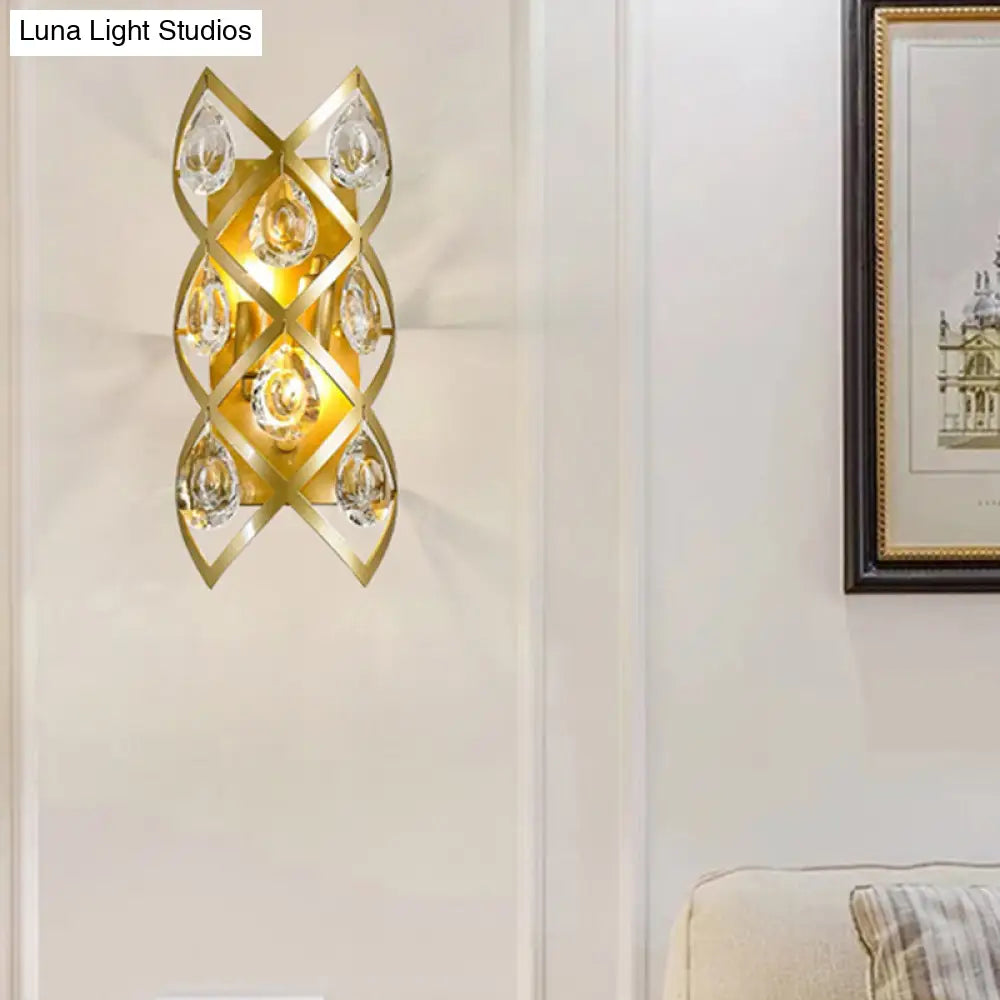DecorBites™ Contemporary Brass Finish Teardrop Sconce: Clear Crystal Wall Light with 2 Lights for Living Room
