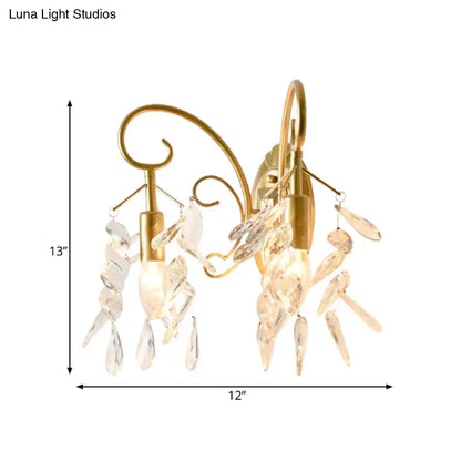 Contemporary brass teardrop crystal wall mount light for bedroom