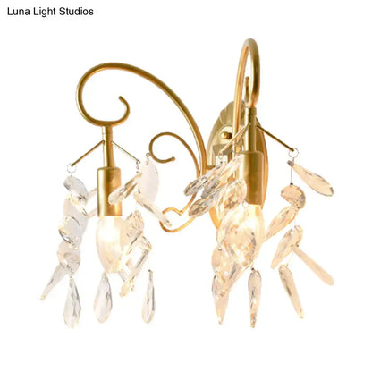 Contemporary brass teardrop crystal wall mount light for bedroom