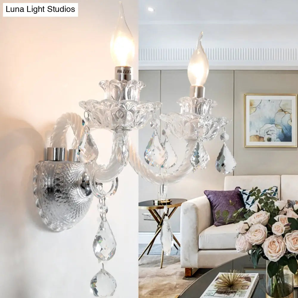 DecorBites™ Contemporary Candelabra Wall Sconce with Clear Faceted Crystals and Droplets - 2 Bulbs