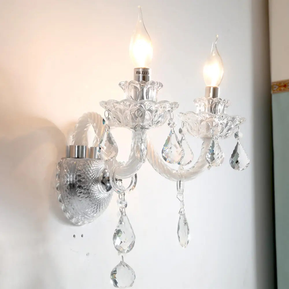 DecorBites™ Contemporary Candelabra Wall Sconce with Clear Faceted Crystals and Droplets - 2 Bulbs