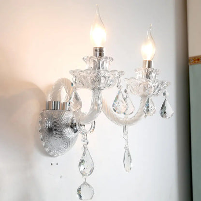 DecorBites™ Contemporary Candelabra Wall Sconce with Clear Faceted Crystals and Droplets - 2 Bulbs