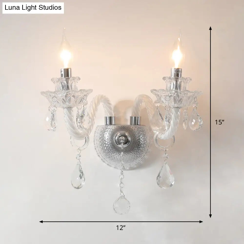 DecorBites™ Contemporary Candelabra Wall Sconce with Clear Faceted Crystals and Droplets - 2 Bulbs