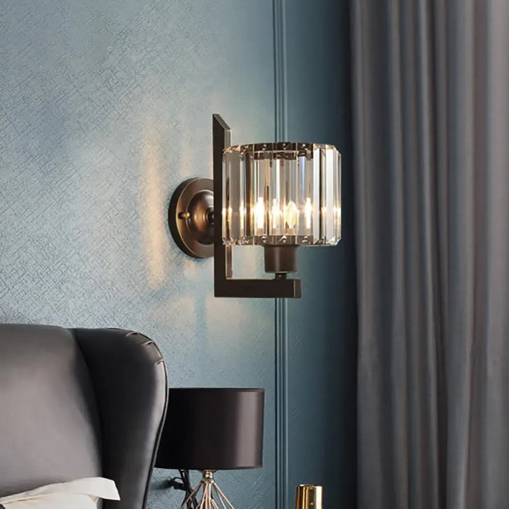 DecorBites™ Contemporary Clear Crystal Drum Wall Sconce Lighting - Black/Gold 1 Light Wall Lamp for Bedroom