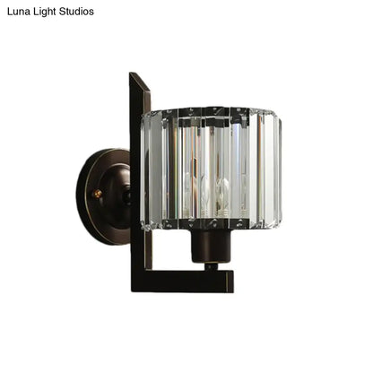 DecorBites™ Contemporary Clear Crystal Drum Wall Sconce Lighting - Black/Gold 1 Light Wall Lamp for Bedroom