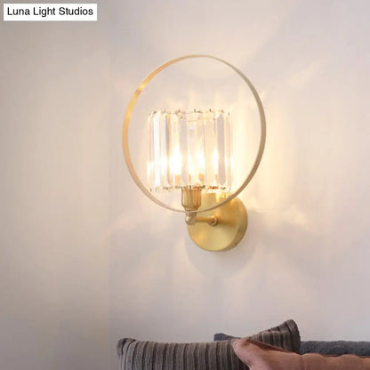 DecorBites™ Contemporary Clear Crystal Wall Mount Sconce with Gold Accents and Ring Frame - 1 Bulb Wall Light