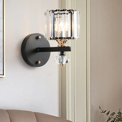 DecorBites™ Contemporary Clear Ribbed Glass Wall Mounted Drum Sconce Light in Black