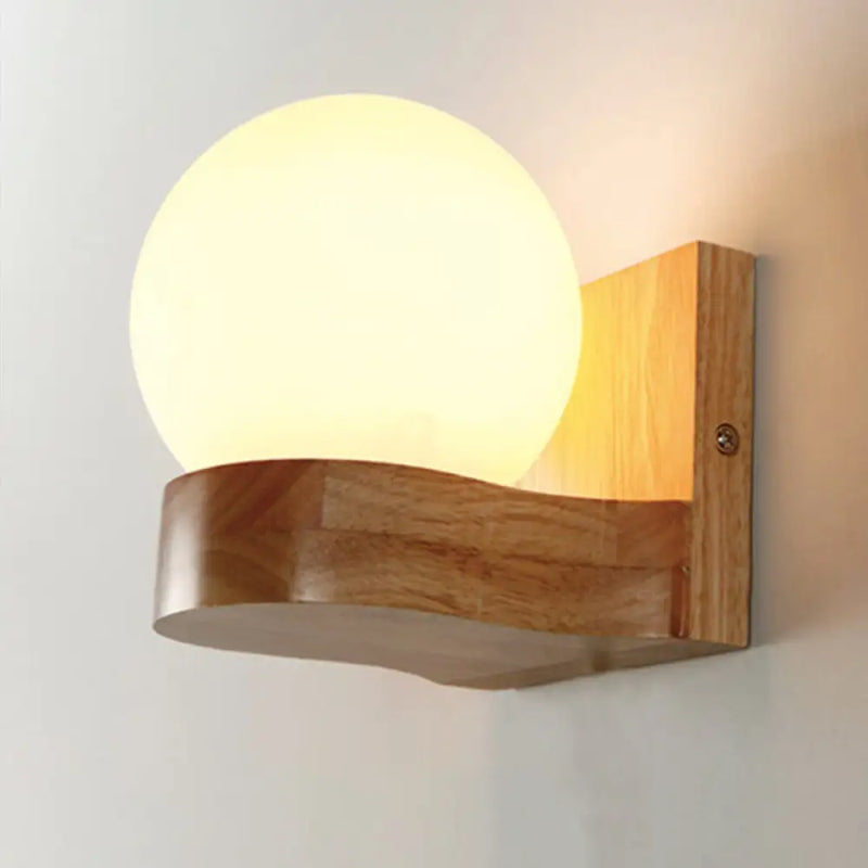 DecorBites™ Contemporary Cream Glass LED Sconce Light Fixture for Living Room Wall in Wood
