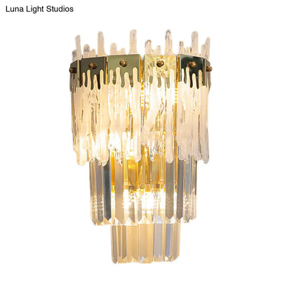 DecorBites™ Contemporary Crystal Prisms Wall Sconce - Gold Finish, 3 Bulbs - Bedroom Flush Mount Light