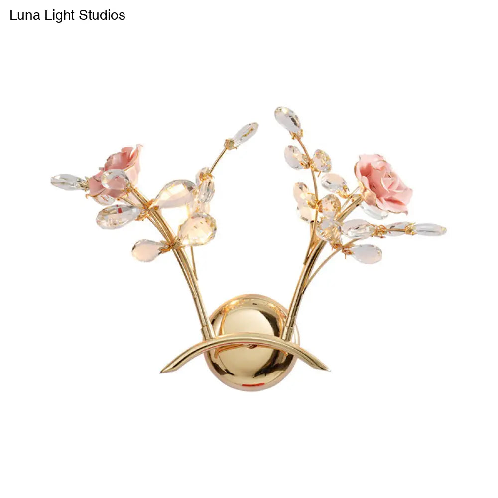 DecorBites™ Contemporary Crystal Raindrop Wall Lighting with Rose Design - Gold Wall Mount Lamp - 2 Heads