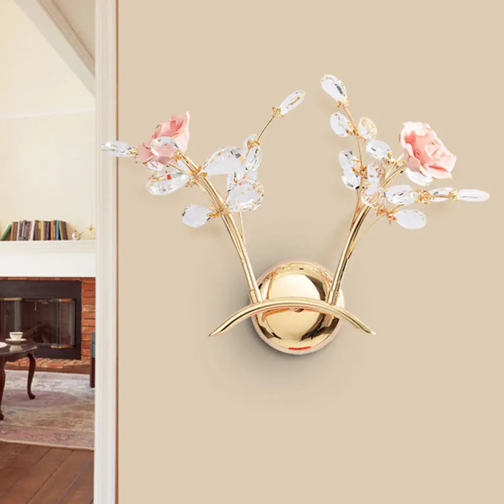 DecorBites™ Contemporary Crystal Raindrop Wall Lighting with Rose Design - Gold Wall Mount Lamp - 2 Heads