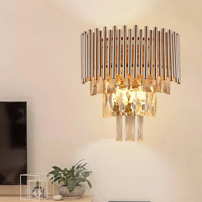 DecorBites™ Contemporary Crystal Wall Sconce - Gold Finish, Tiered Design, 3 Bulbs