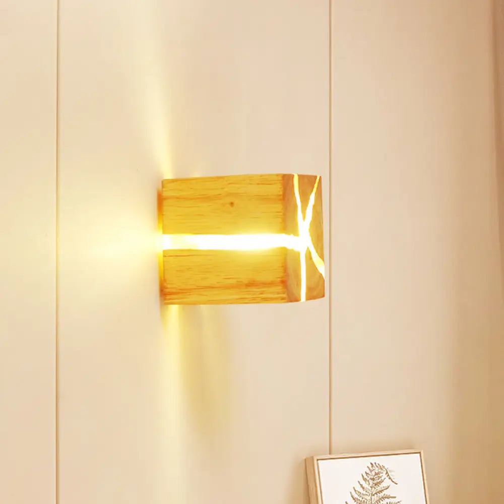 DecorBites™ Contemporary Cube Wood LED Wall Light in BurlyWood - 1-Light Fixture