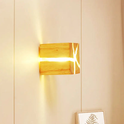 DecorBites™ Contemporary Cube Wood LED Wall Light in BurlyWood - 1-Light Fixture