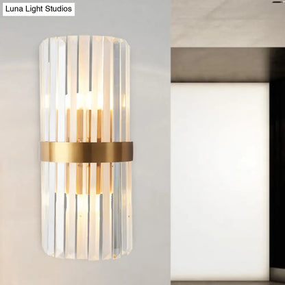 DecorBites™ Contemporary Cylinder Sconce Light: Dual Head Gold Wall Mounted Fixture with Crystal Rod Accent