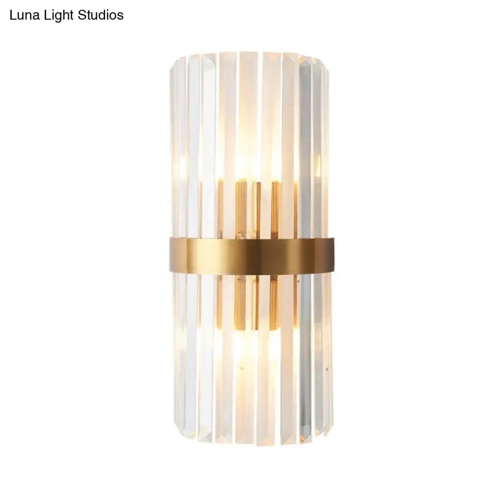 DecorBites™ Contemporary Cylinder Sconce Light: Dual Head Gold Wall Mounted Fixture with Crystal Rod Accent