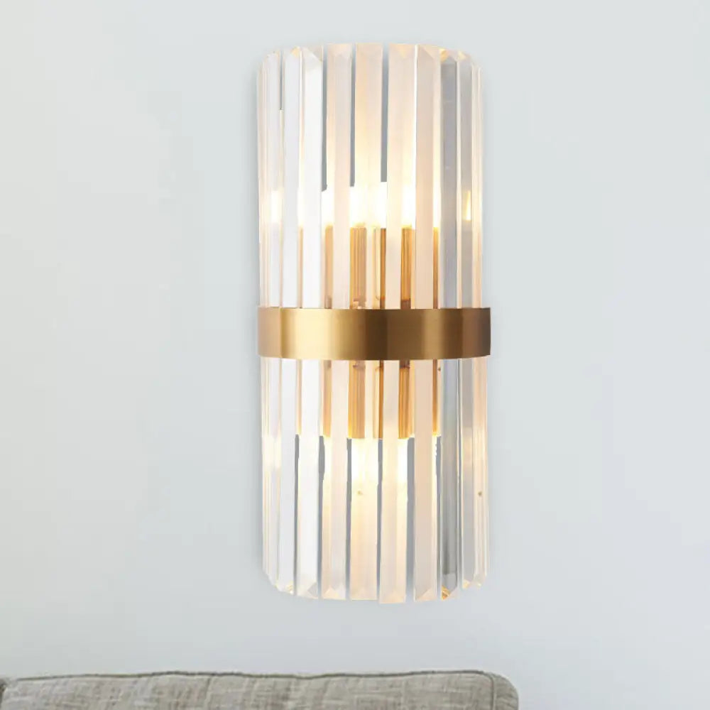 DecorBites™ Contemporary Cylinder Sconce Light: Dual Head Gold Wall Mounted Fixture with Crystal Rod Accent
