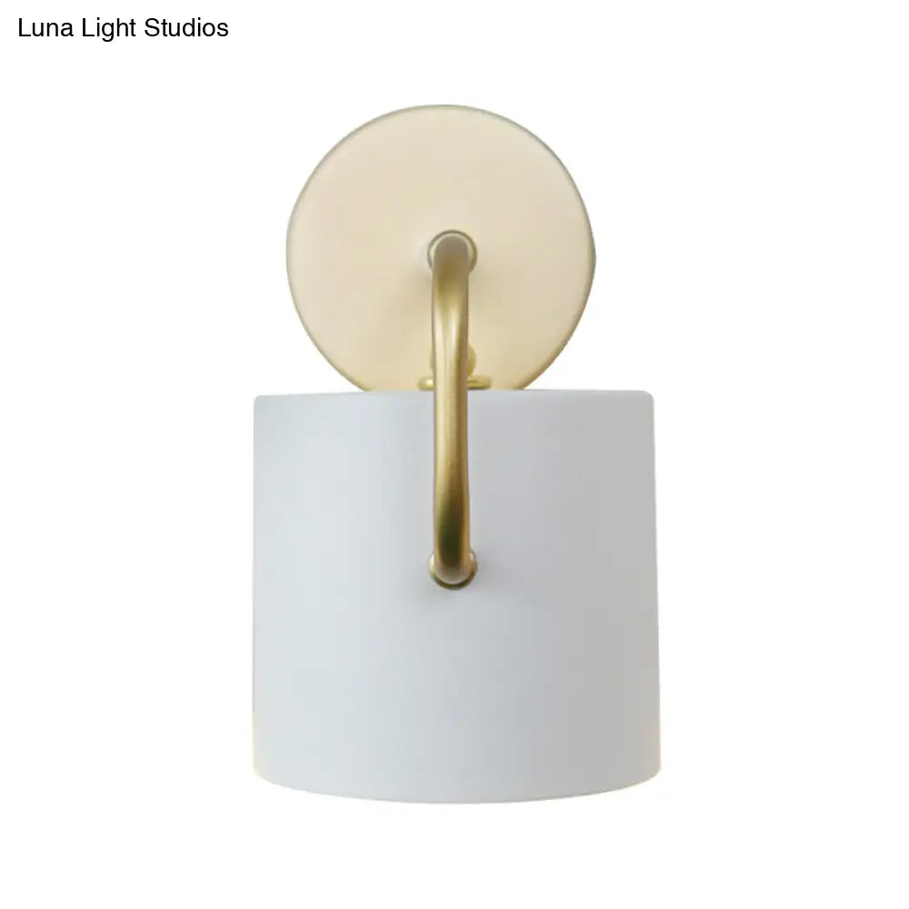 DecorBites™ Contemporary Cylinder Wall Lamp with Curved Arm - White Metal Sconce Light Fixture (1 Bulb)
