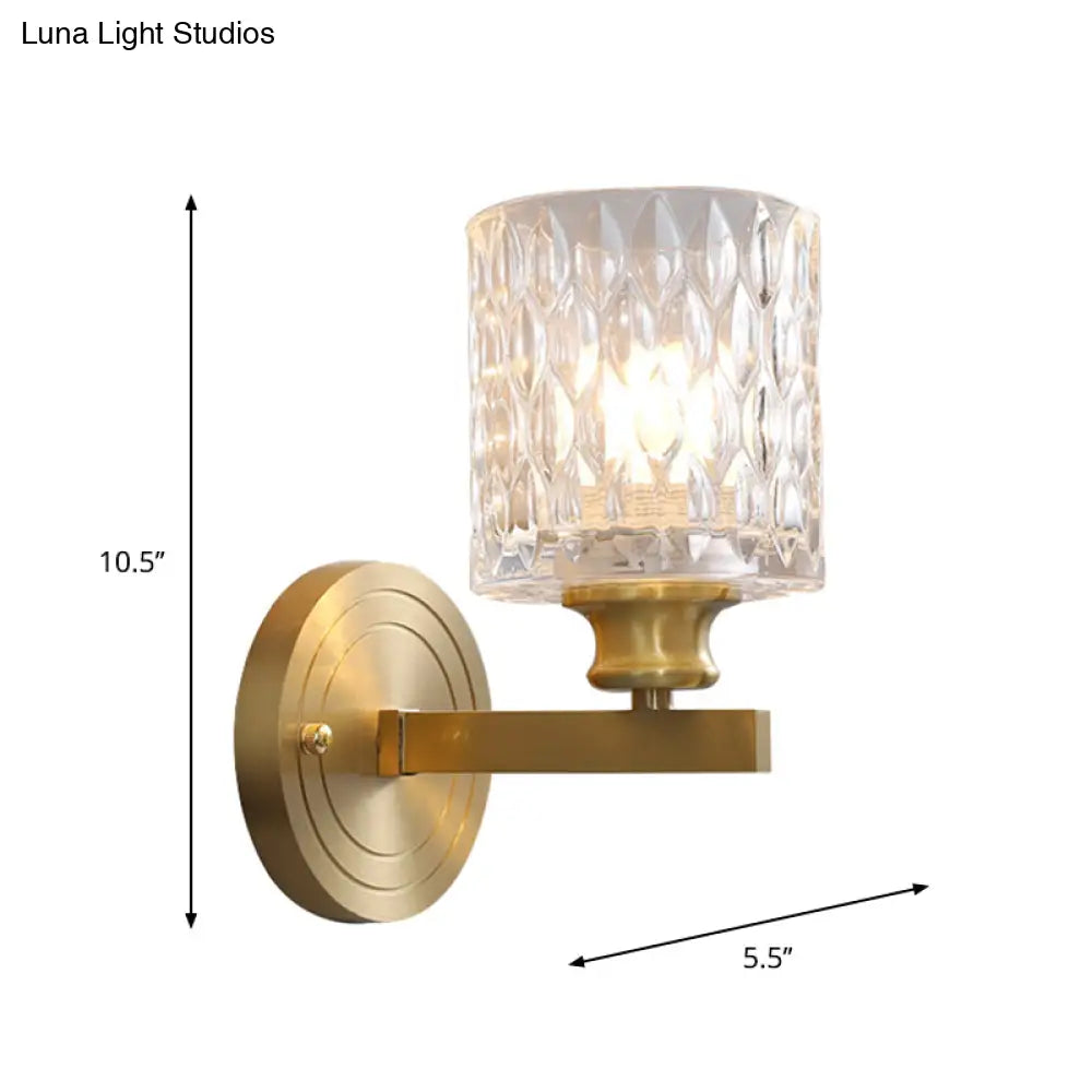 DecorBites™ Contemporary Cylindrical Wall Light: Stylish Clear Dimpled Glass Design, Golden Wall Sconce for Bedroom