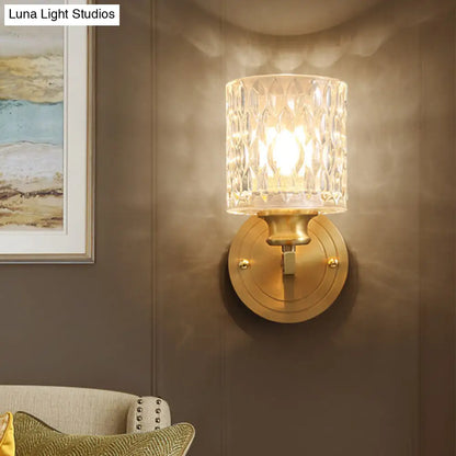 DecorBites™ Contemporary Cylindrical Wall Light: Stylish Clear Dimpled Glass Design, Golden Wall Sconce for Bedroom
