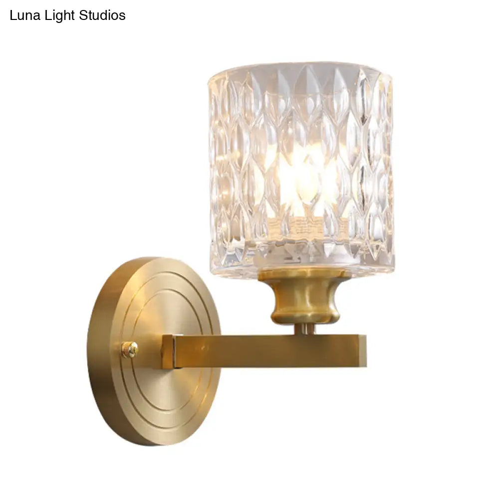 DecorBites™ Contemporary Cylindrical Wall Light: Stylish Clear Dimpled Glass Design, Golden Wall Sconce for Bedroom