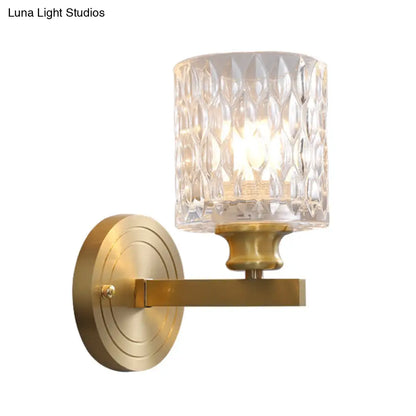 DecorBites™ Contemporary Cylindrical Wall Light: Stylish Clear Dimpled Glass Design, Golden Wall Sconce for Bedroom