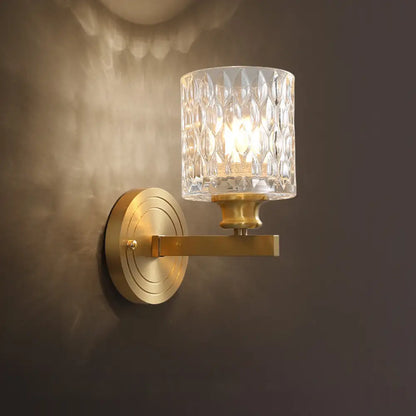 DecorBites™ Contemporary Cylindrical Wall Light: Stylish Clear Dimpled Glass Design, Golden Wall Sconce for Bedroom